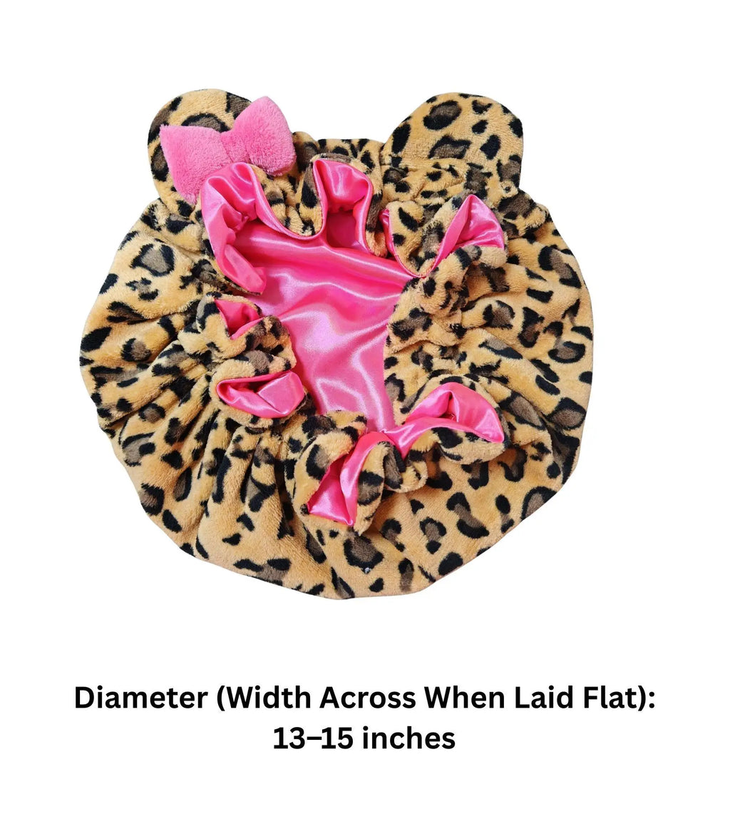 Leopard Print Teddy Plush Hair Bonnet with Big Bow, Satin Lined Soft Fluffy Night Sleep Cap, Adjustable Bear Ear Hair Wrap for W