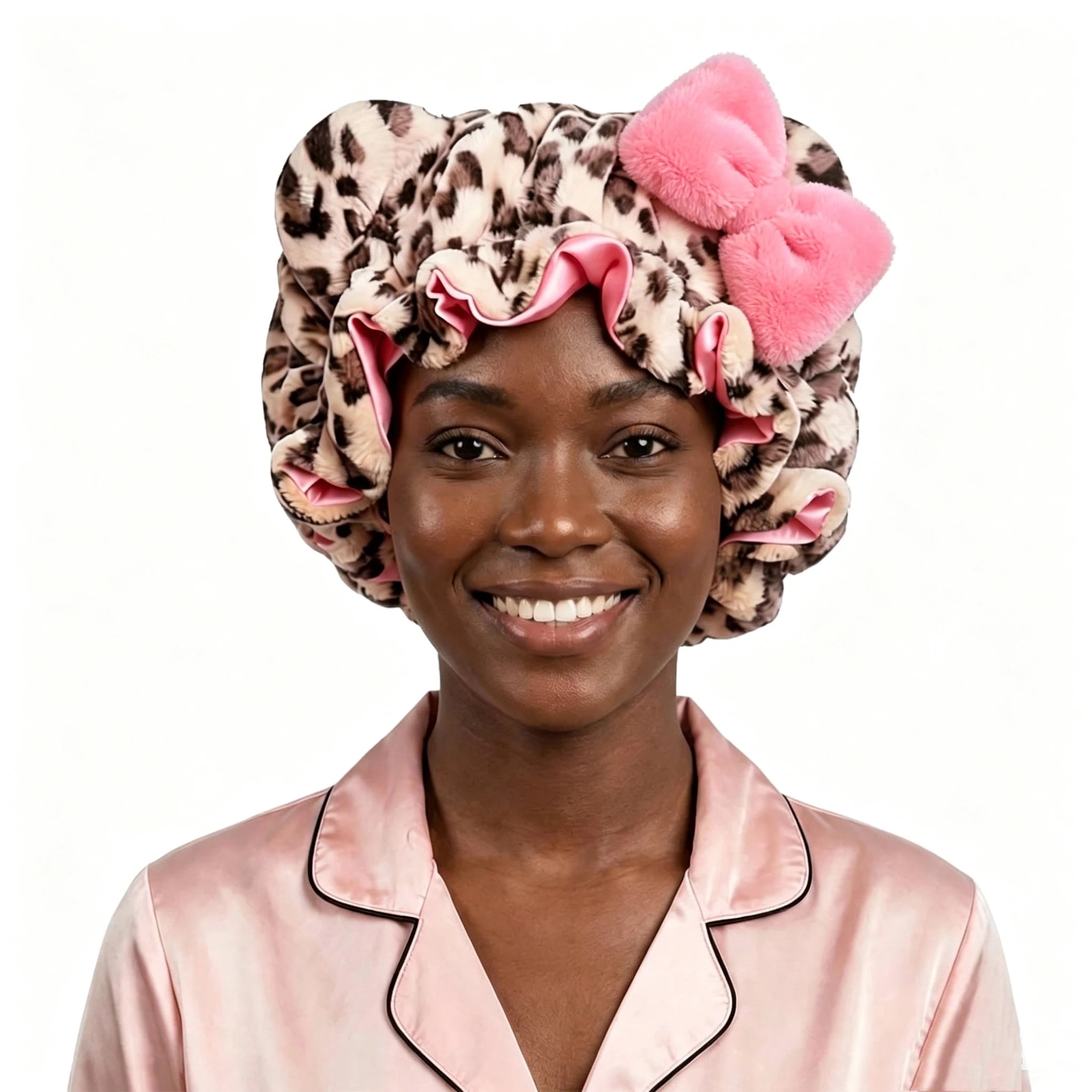 Leopard Print Teddy Plush Hair Bonnet with Big Bow, Satin Lined Soft Fluffy Night Sleep Cap, Adjustable Bear Ear Hair Wrap for W
