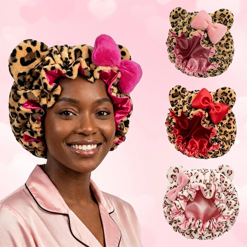 Leopard Print Teddy Plush Hair Bonnet with Big Bow, Satin Lined Soft Fluffy Night Sleep Cap, Adjustable Bear Ear Hair Wrap for W