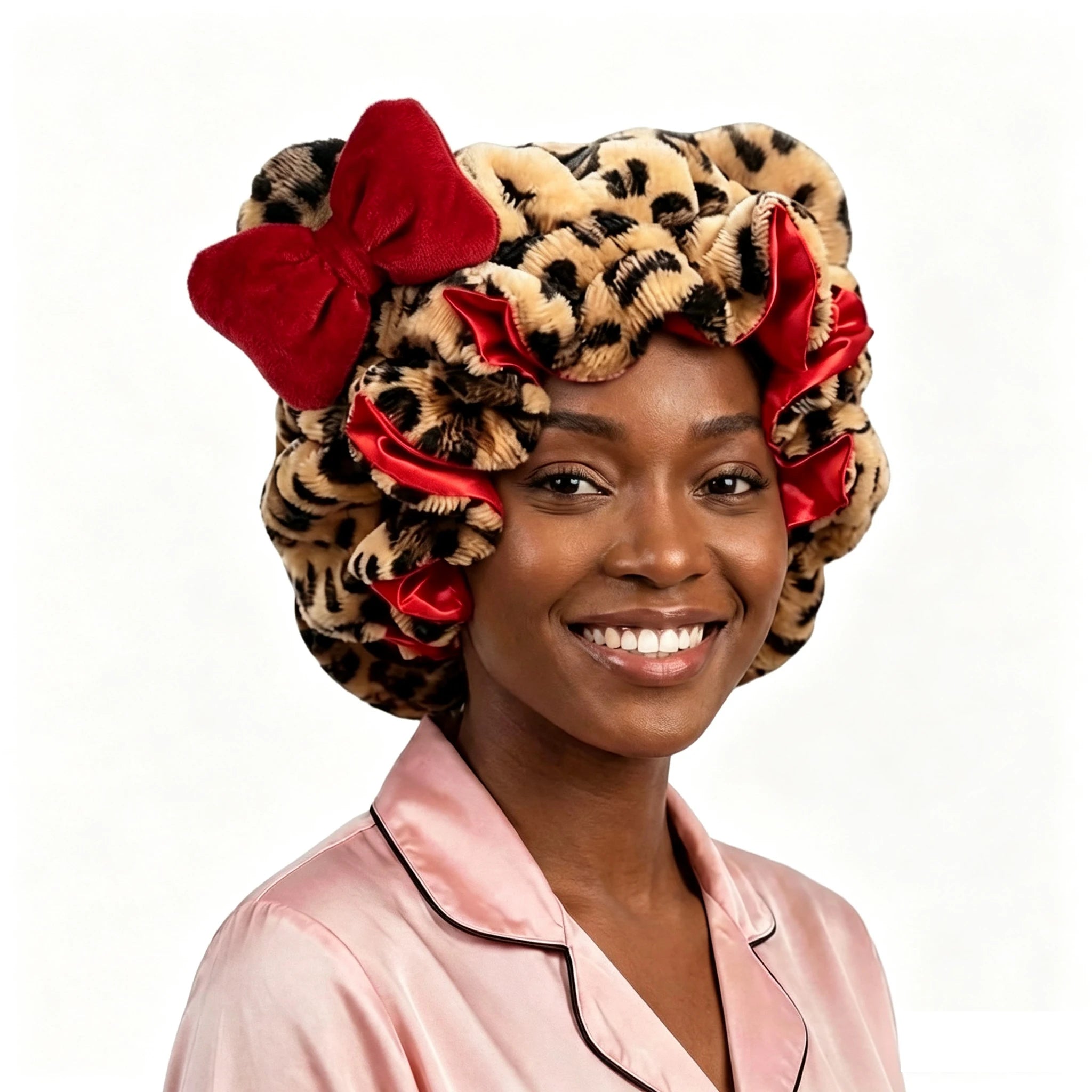 Leopard Print Teddy Plush Hair Bonnet with Big Bow, Satin Lined Soft Fluffy Night Sleep Cap, Adjustable Bear Ear Hair Wrap for W
