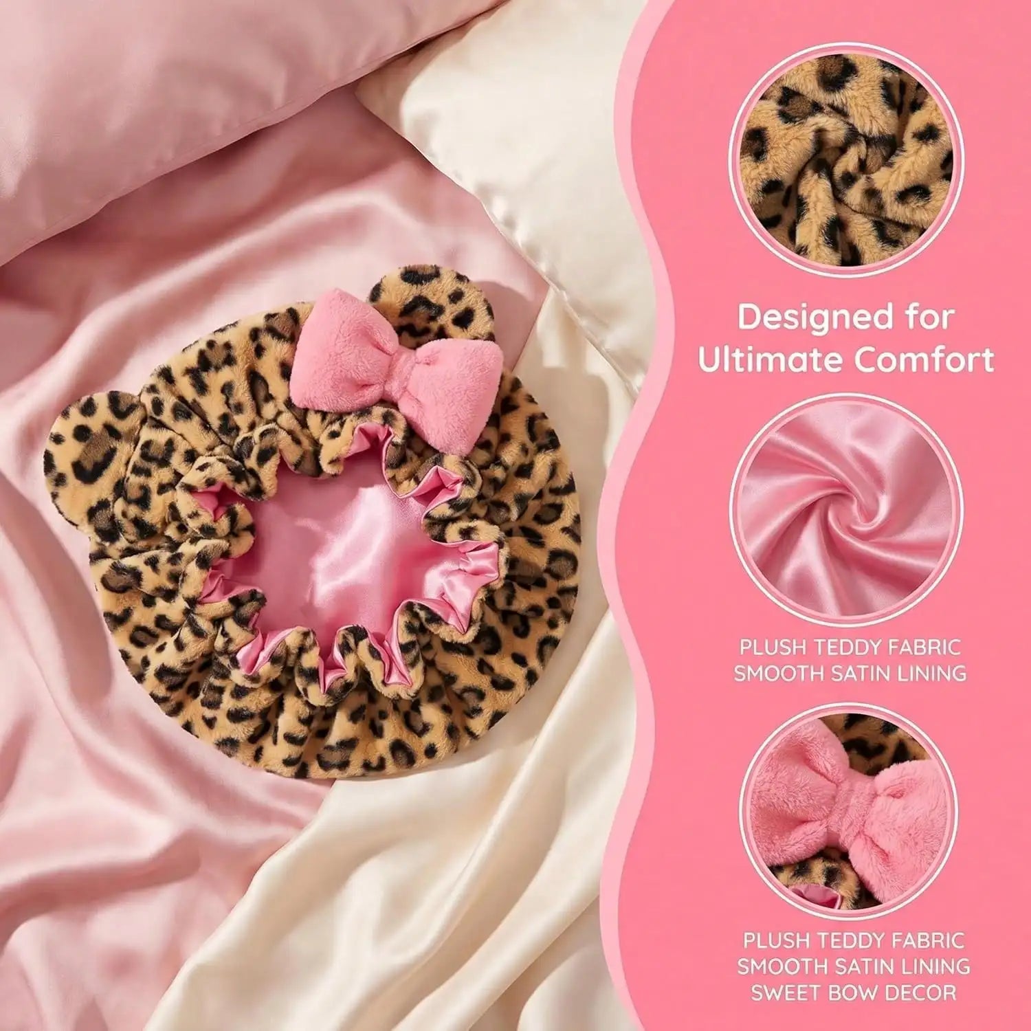 Leopard Print Teddy Plush Hair Bonnet with Big Bow, Satin Lined Soft Fluffy Night Sleep Cap, Adjustable Bear Ear Hair Wrap for W