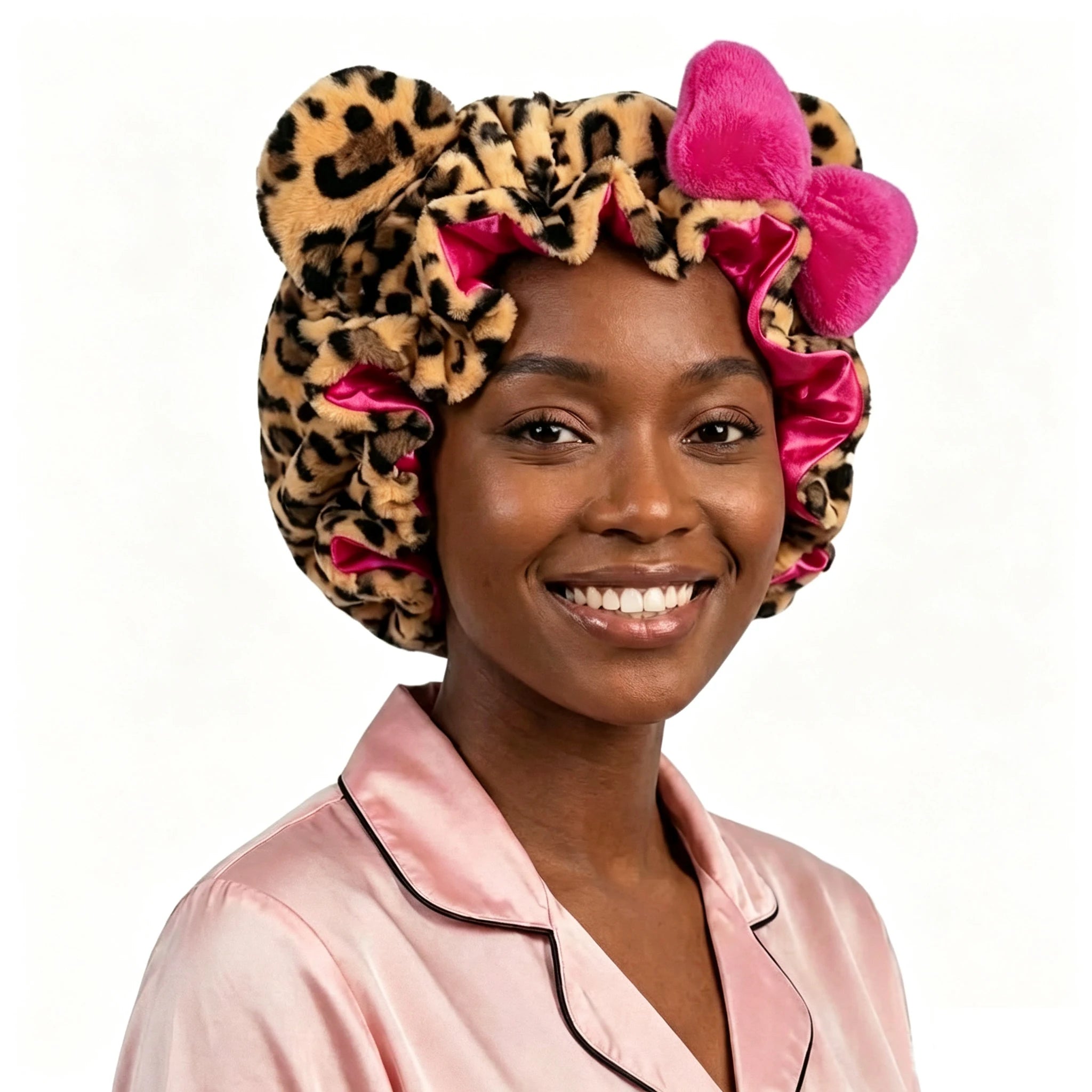 Leopard Print Teddy Plush Hair Bonnet with Big Bow, Satin Lined Soft Fluffy Night Sleep Cap, Adjustable Bear Ear Hair Wrap for W